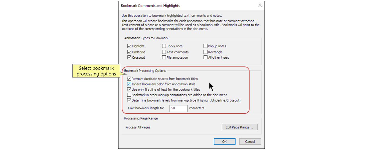 Specify bookmark processing options